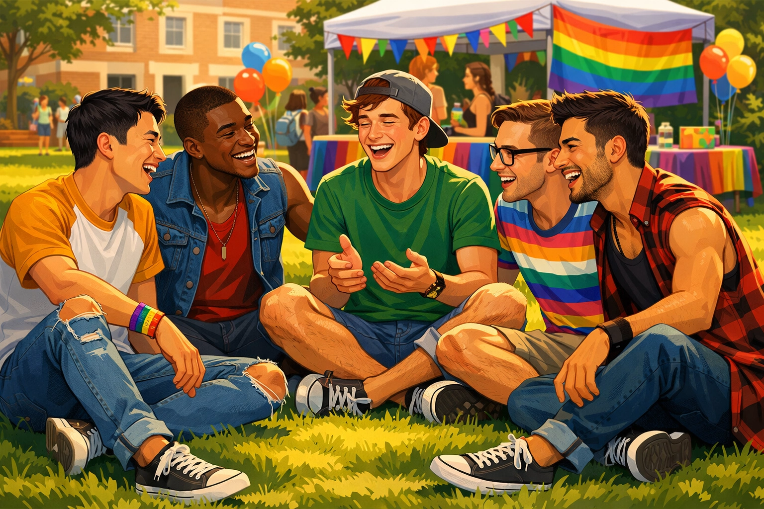 LGBTQ+ students gathering on campus lawn with pride flags forming community
