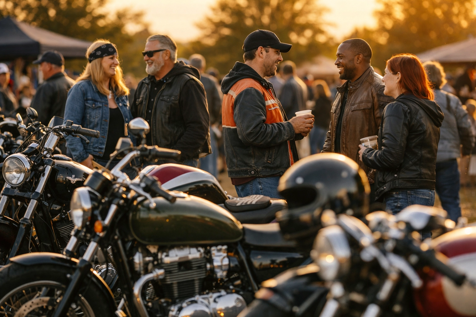 Motorcycle community gathering at rally with riders connecting over mental health and recovery