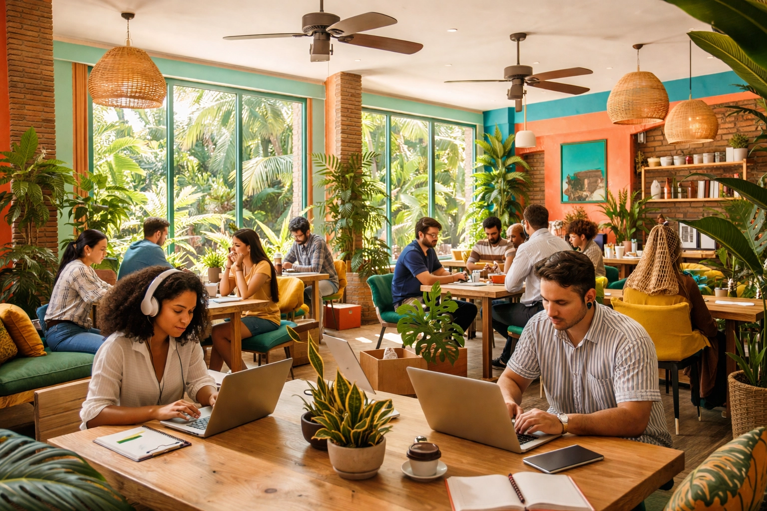 Coworking space in Puerto Vallarta with young professionals, laptops, and tropical decor