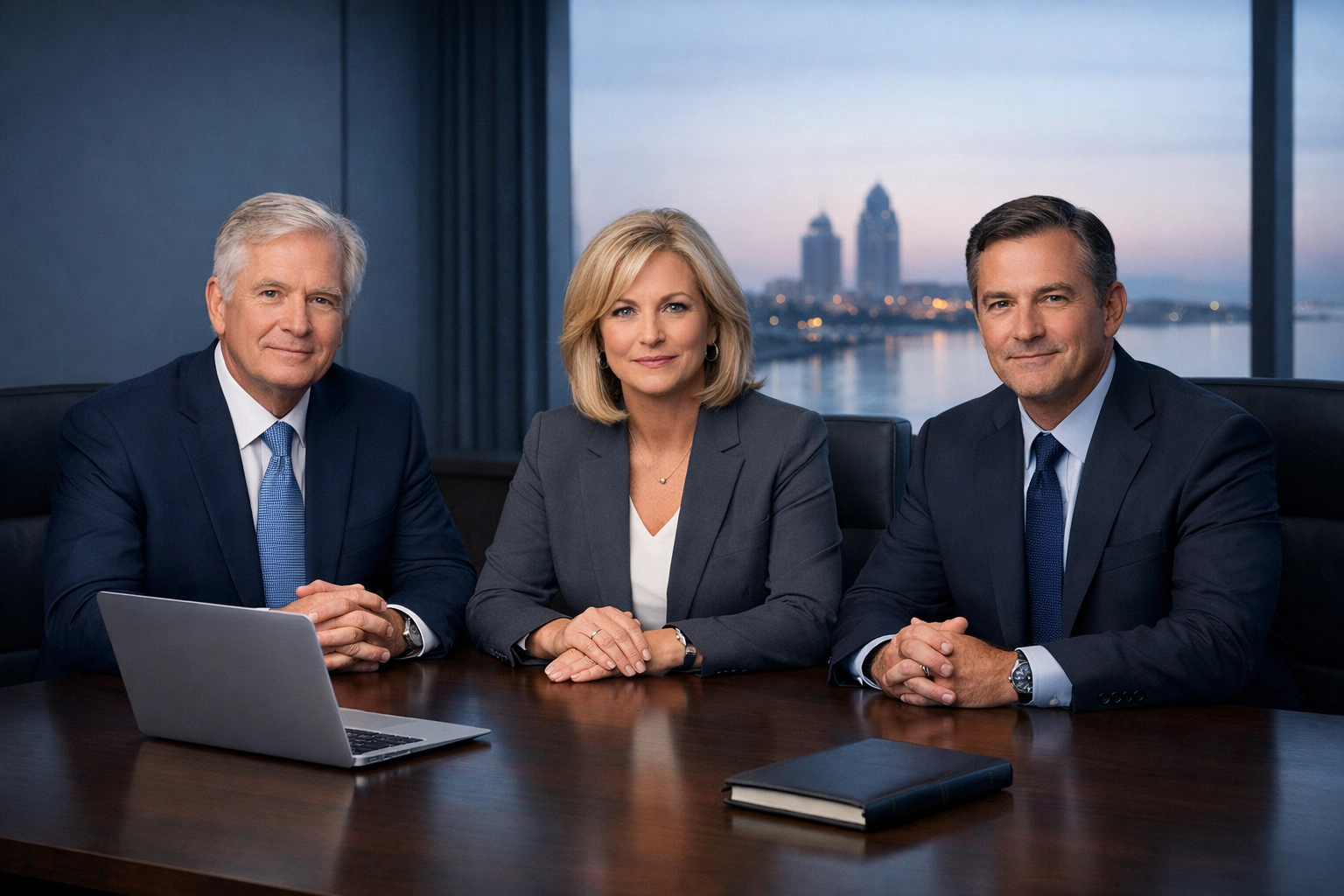 Professional business advisors in an Alabama boardroom planning a firm's exit strategy.