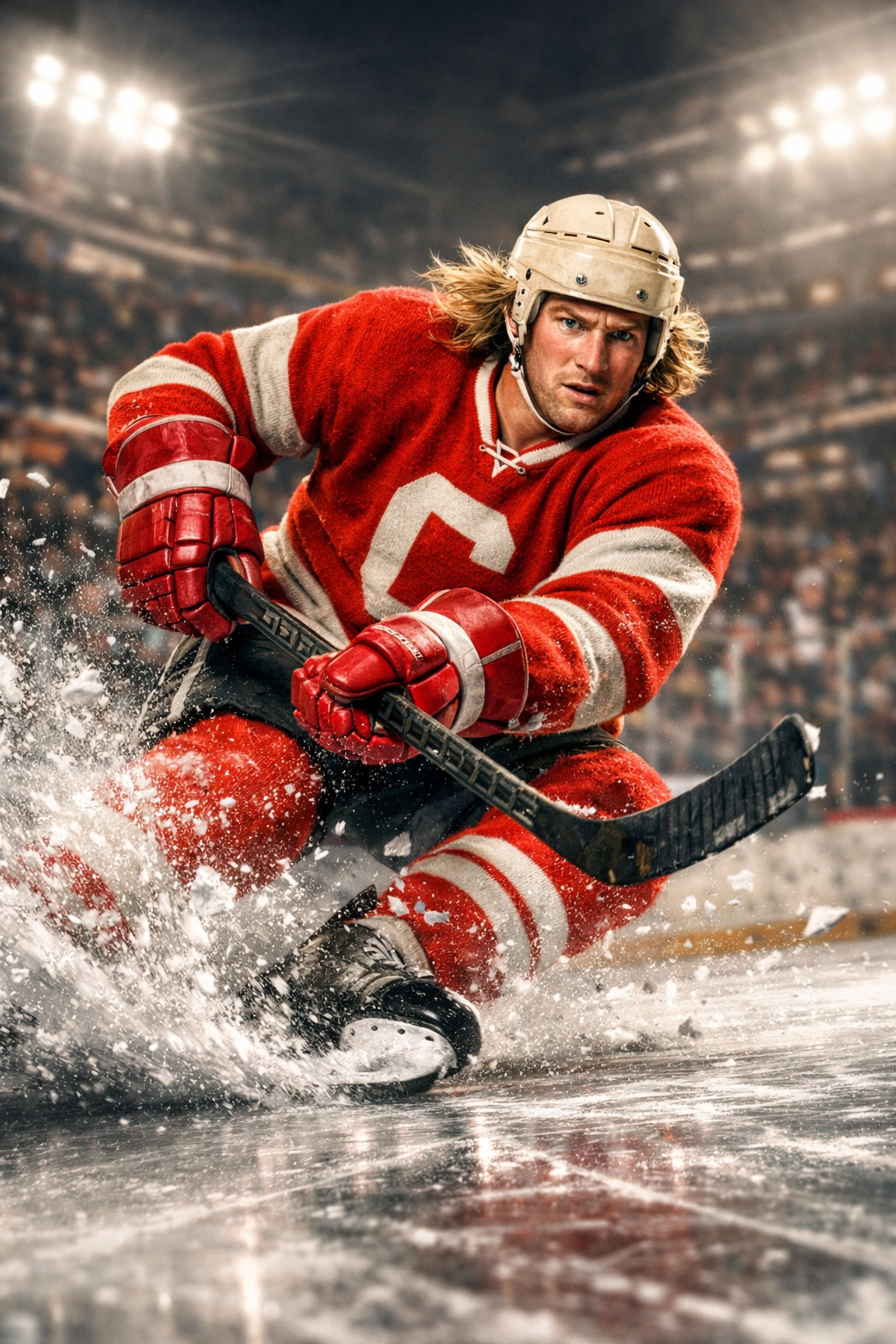 Action shot of Bobby Hull, The Golden Jet, skating at record-breaking speed in a vintage jersey.
