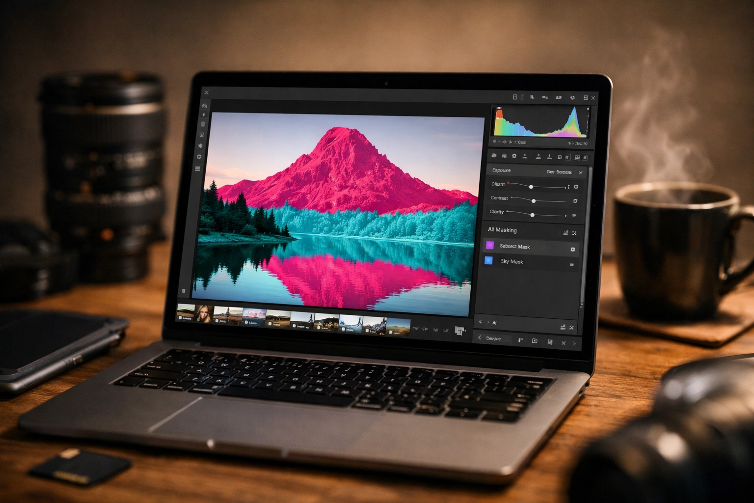 Photographer using AI-powered editing tools on a laptop to mask a landscape photo.