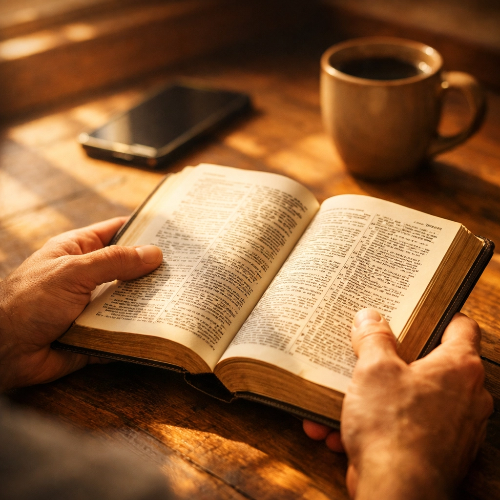 Open Bible on desk with smartphone face-down, representing Scripture before news check