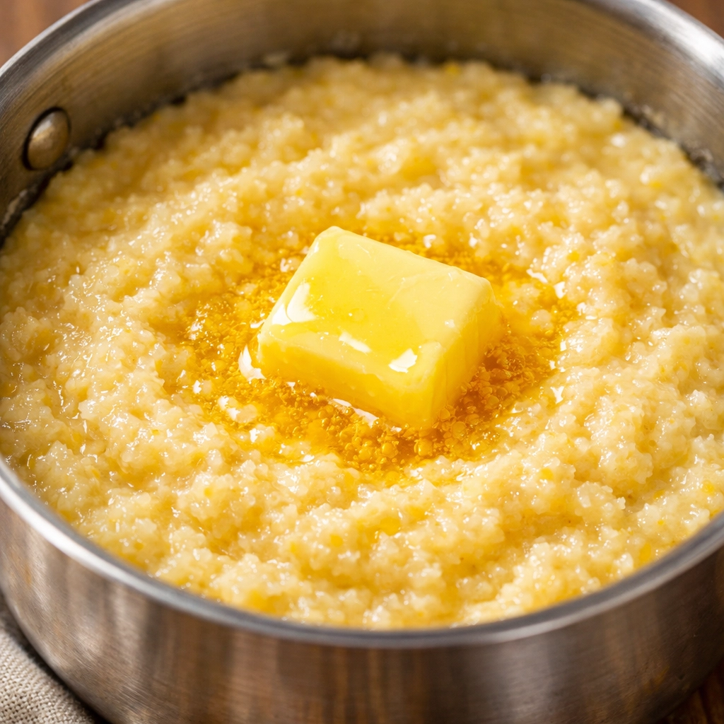 Close-up of creamy yellow stone-ground grits with a pat of melting butter in a stainless steel saucepan.