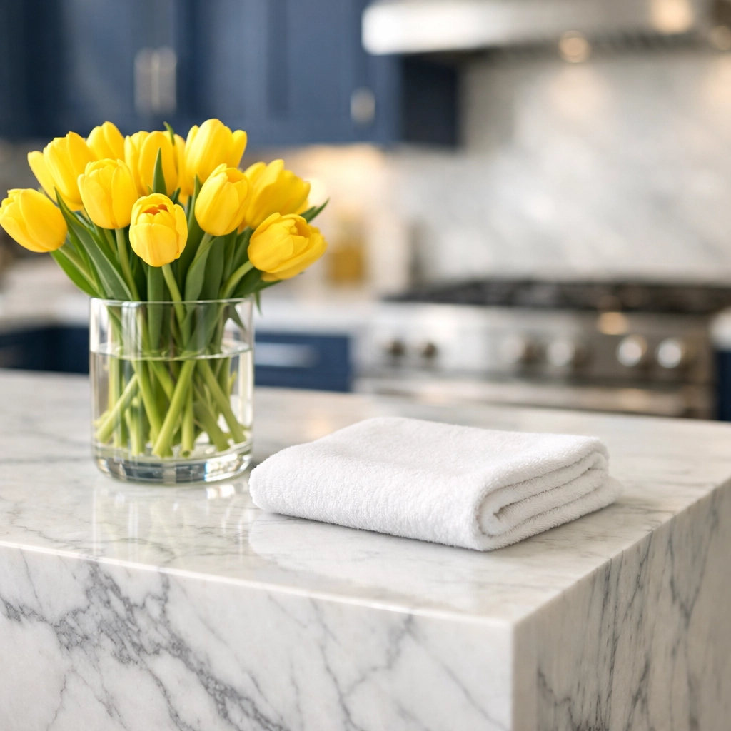 Eco-friendly house cleaning in a Cambridge MA luxury kitchen with marble countertops and non-toxic supplies.
