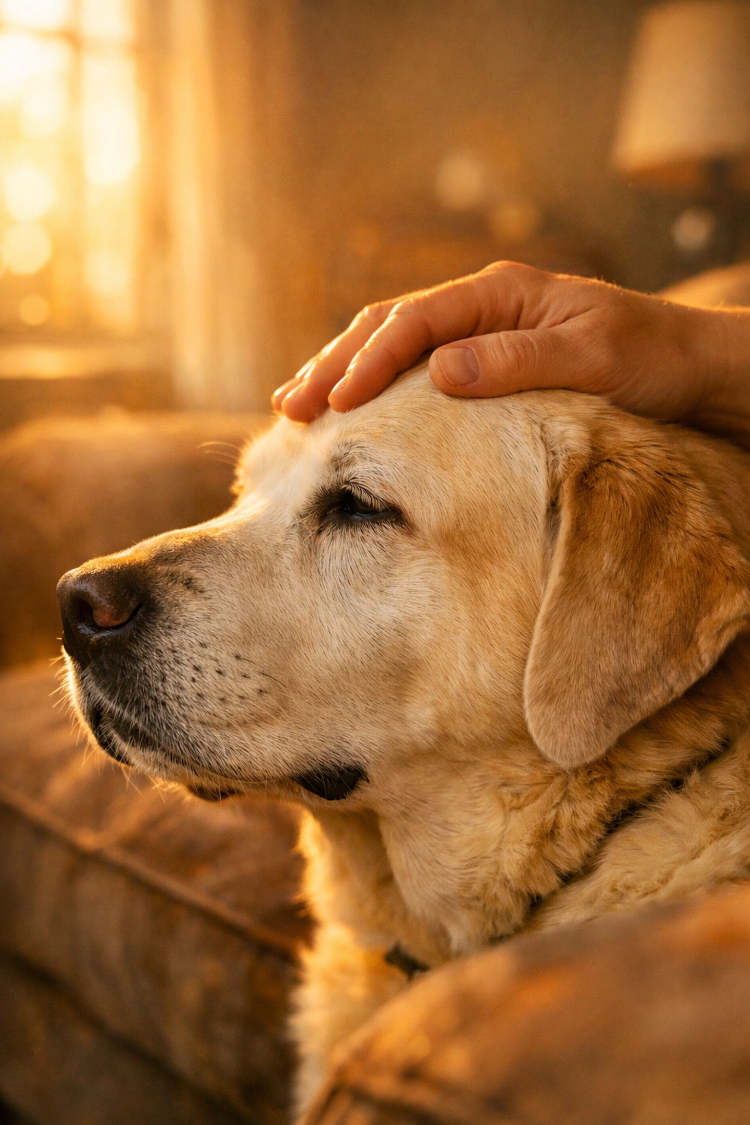 A hand gently petting a senior Labrador's head, showing comfort and support during at-home dog hospice care.