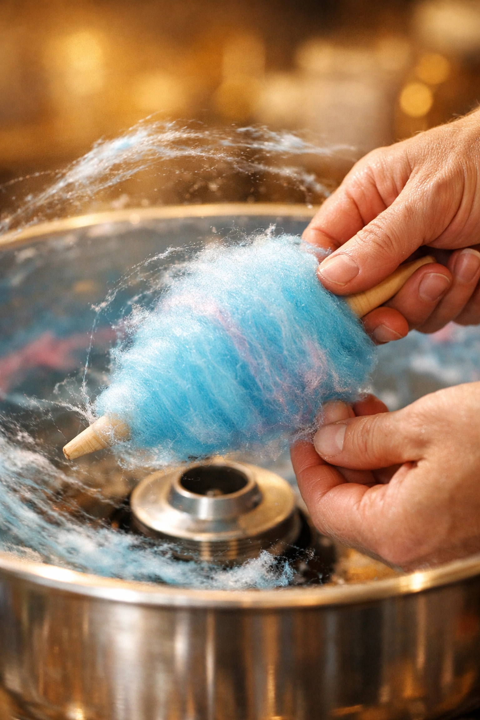 Hands spinning fresh cotton candy on a cone at home