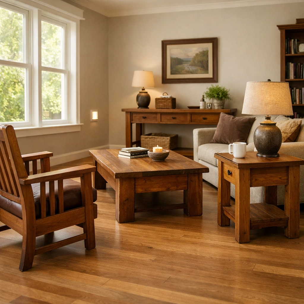 Fall-safe living room with sturdy furniture and clear pathways for seniors