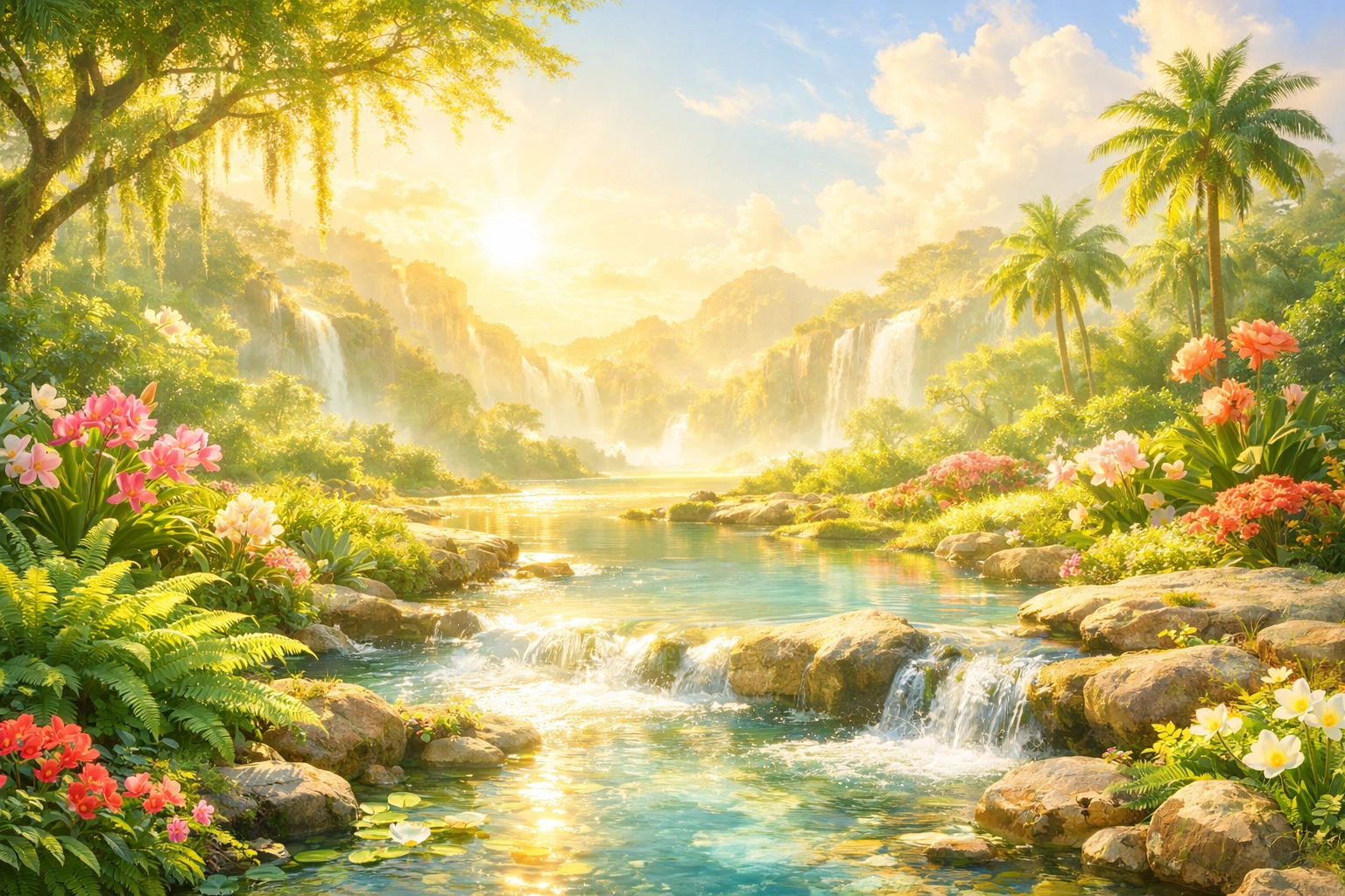 A peaceful, lush garden at sunrise representing God's perfect creation before the Fall of man.