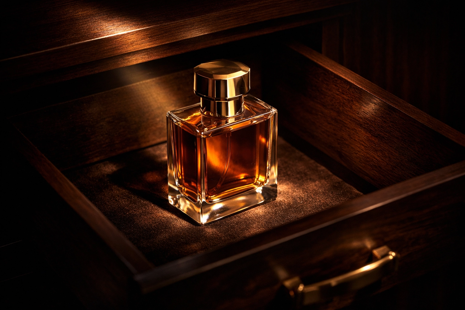 Luxury perfume bottle stored in a dark wooden drawer – proper perfume storage away from light and heat