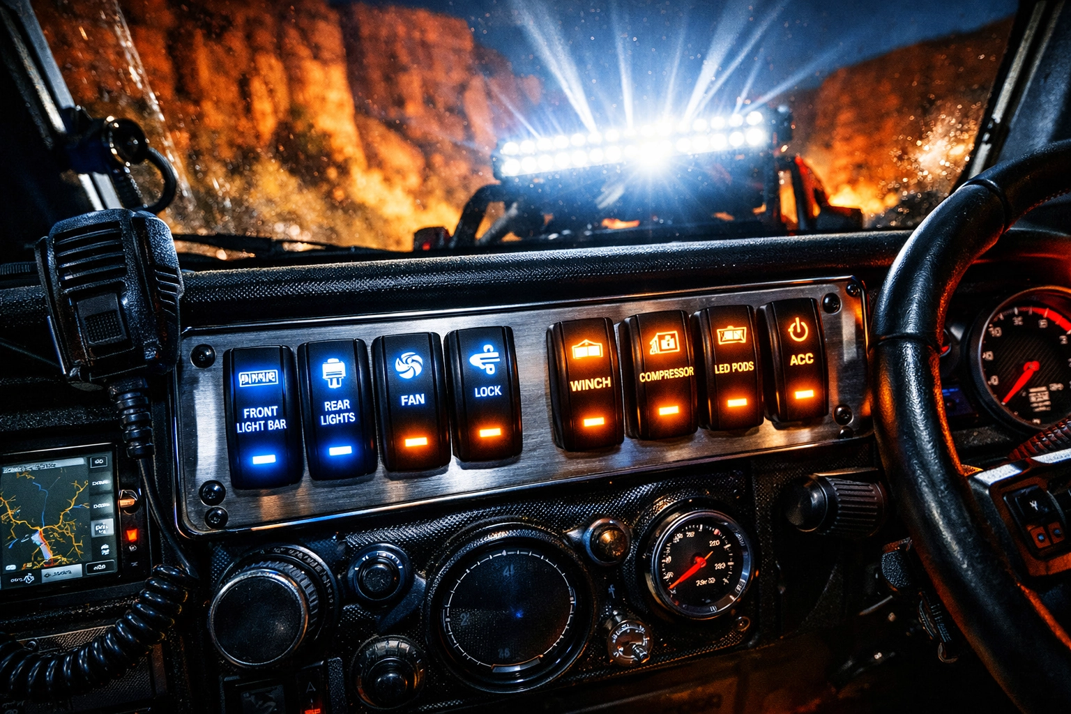 Custom vehicle dashboard switch panel controlling professional off-road lighting and power systems.