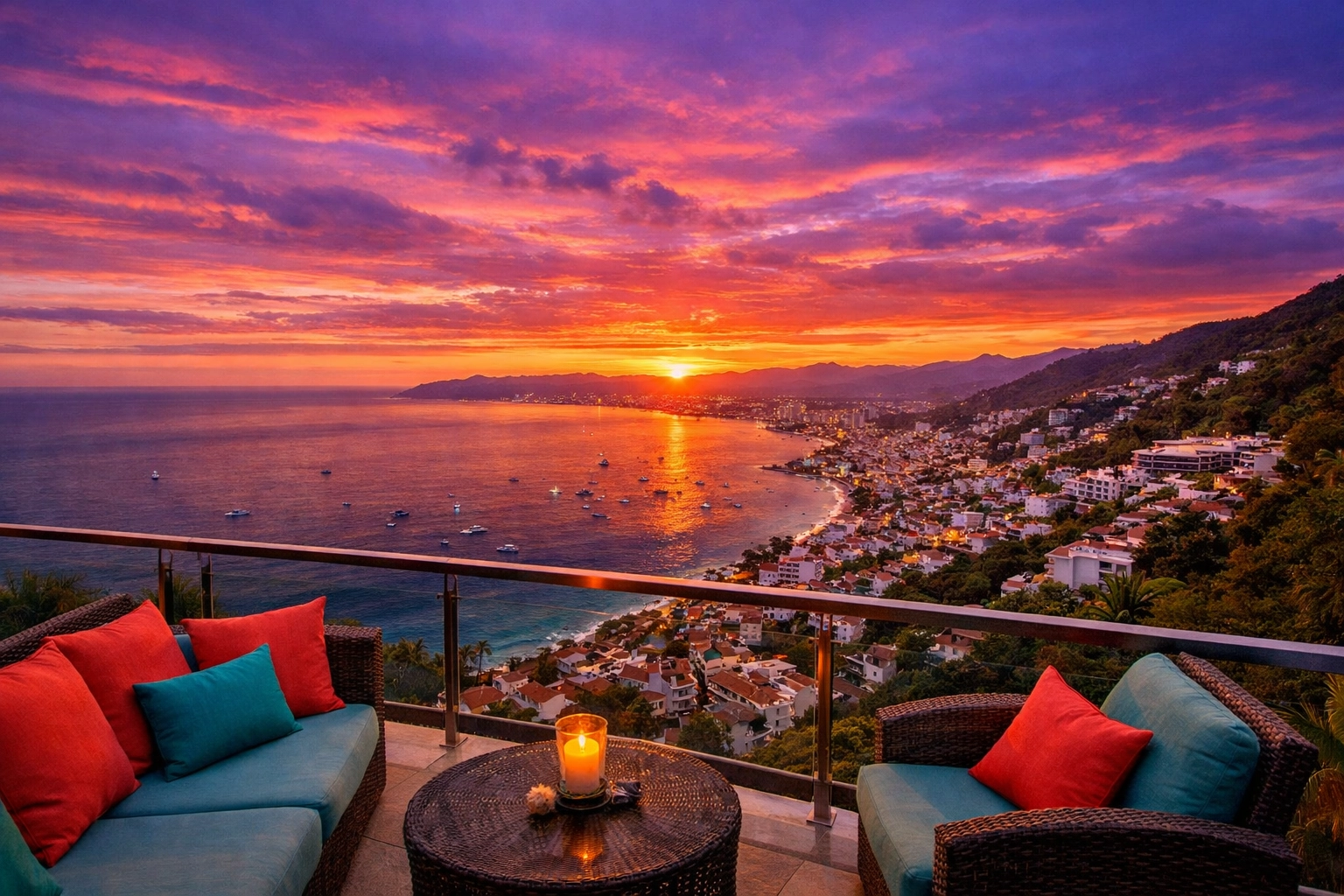 Sunset terrace view from Amapas hillside condo overlooking Puerto Vallarta coastline