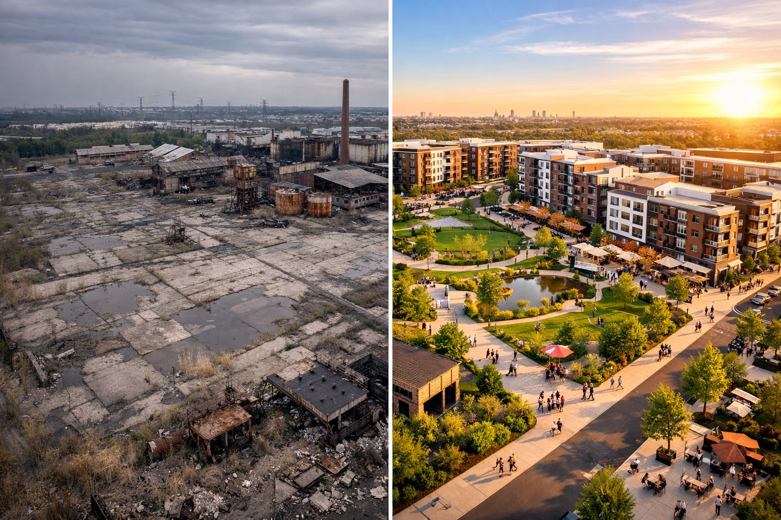 Before and after aerial view of New Jersey brownfield site transformed into modern mixed-use development