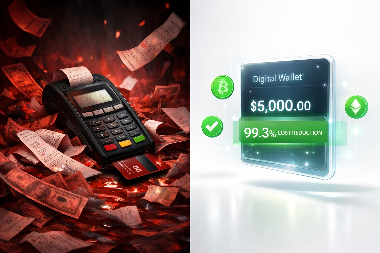 Traditional payment terminal vs Web3 digital wallet showing 99% cost reduction in merchant fees