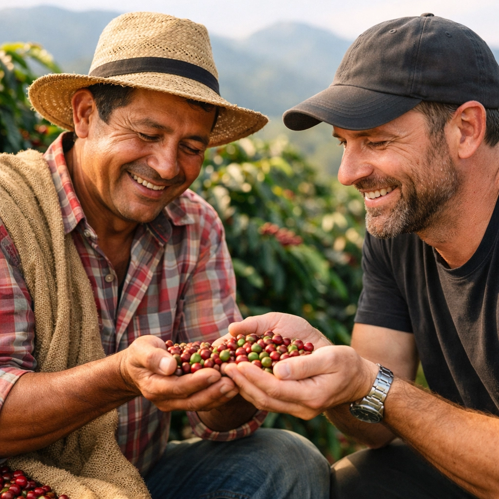 Coffee farmer and roaster examining beans together in direct trade partnership