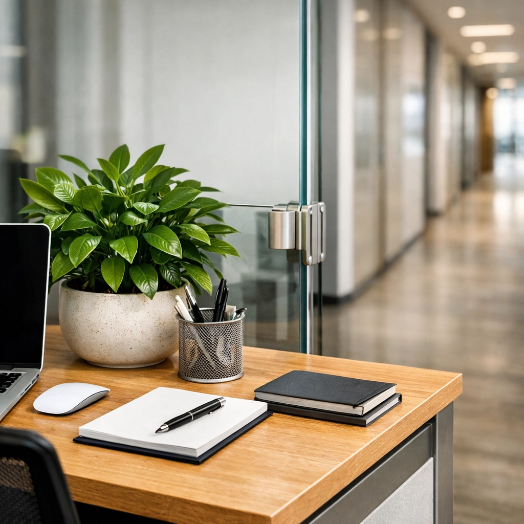 Professional and productive collaborative workspace with a clean minimalist desk setup.
