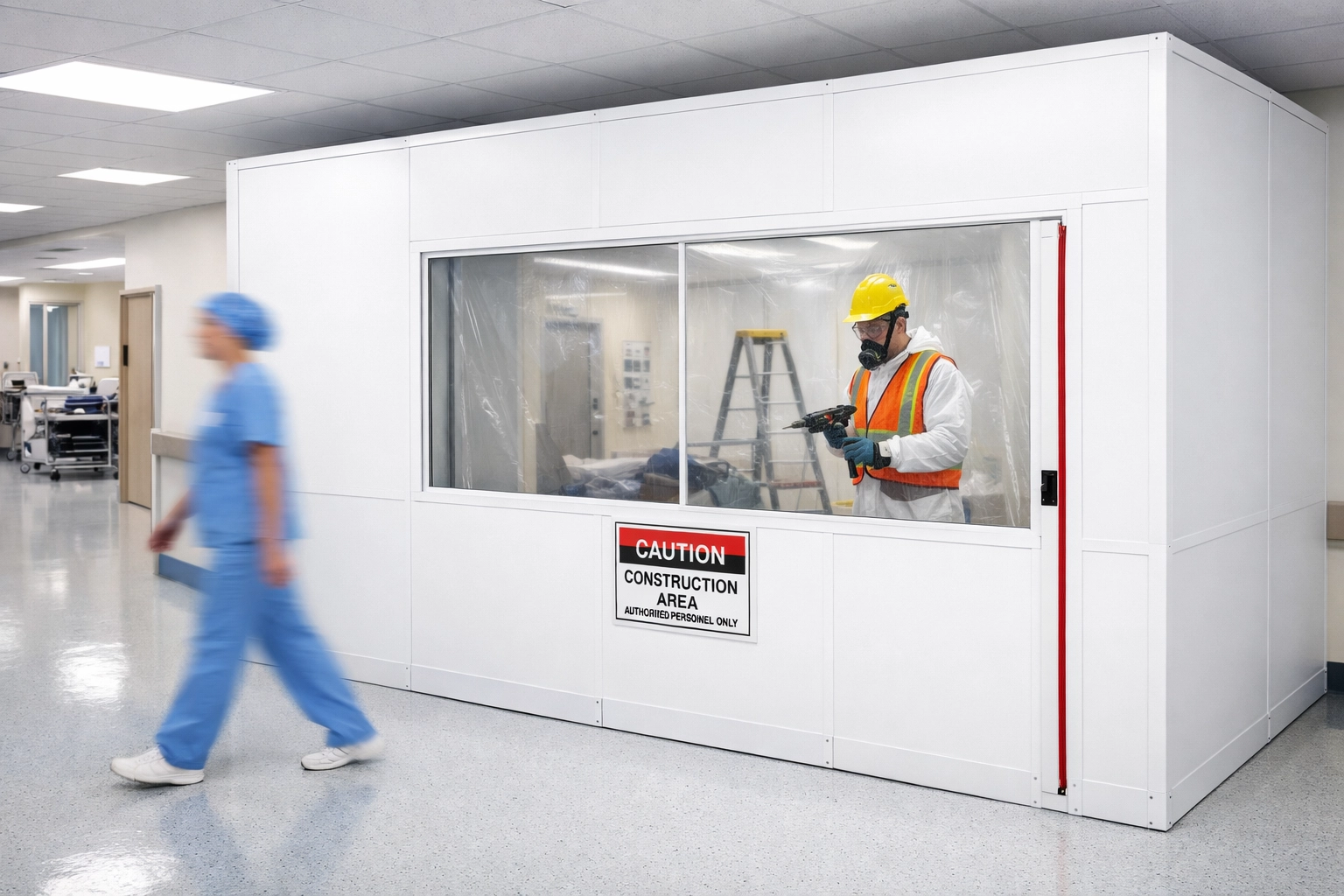 Modular dust barrier separating active clinical area from hospital construction site for safety.