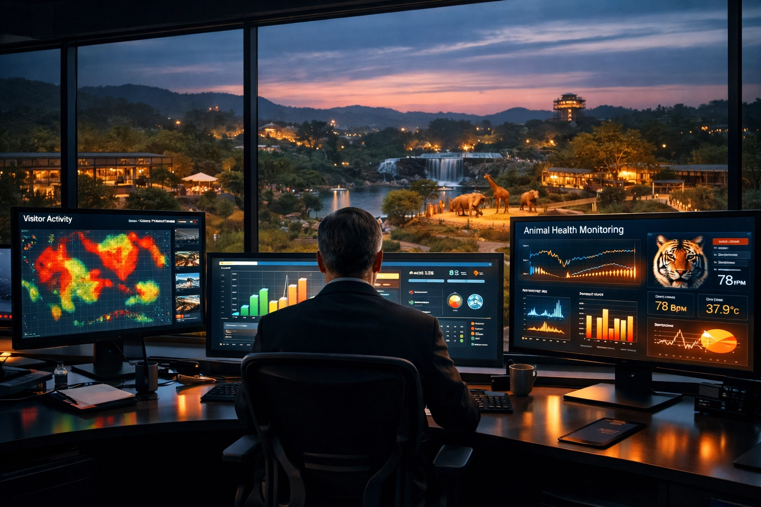 Zoo operations center showing real-time visitor analytics and heat maps for smart venue management.