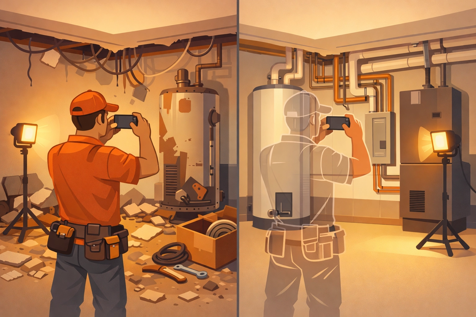 Capturing professional before and after photos of a service job for a shareable project timeline.