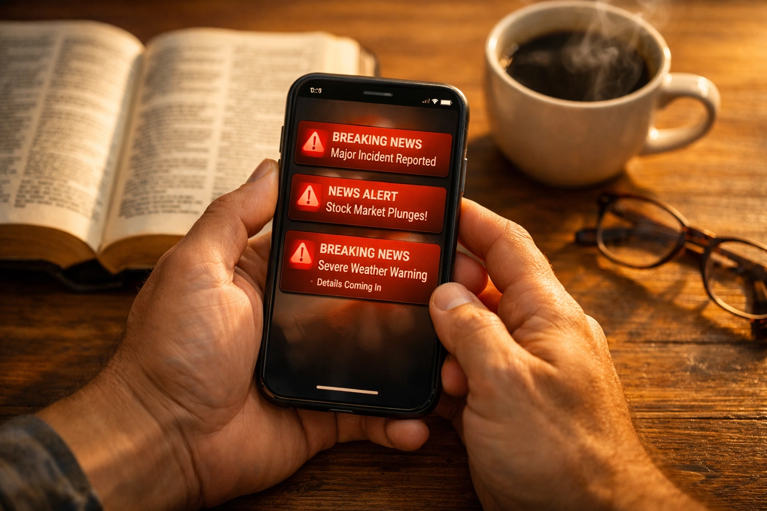 Christian reading Bible with breaking news on smartphone during morning devotion