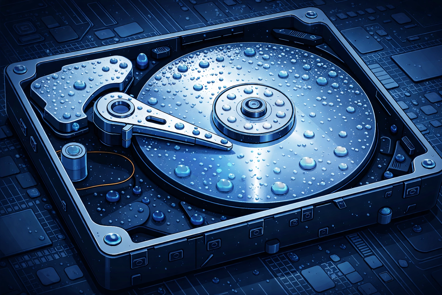 Illustration of condensation inside a hard drive showing how humidity threatens computer repair in Venice FL
