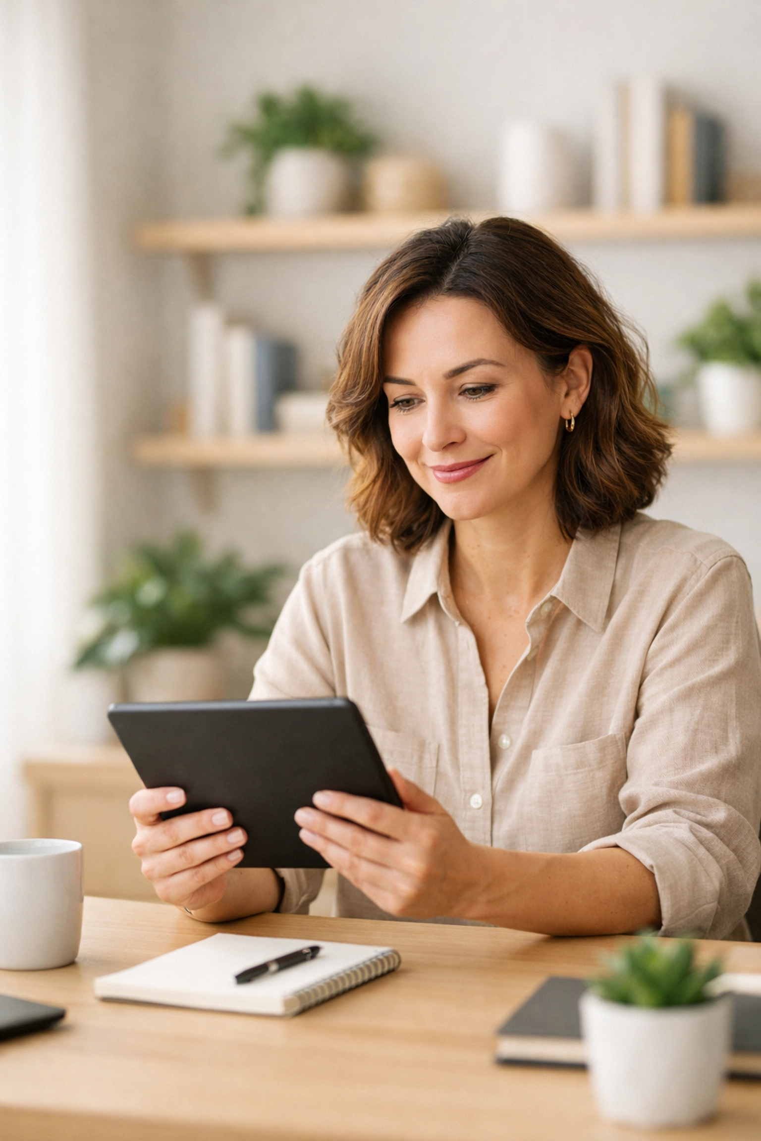 Small business owner managing finances on a tablet using QuickBooks Online in a modern home office.