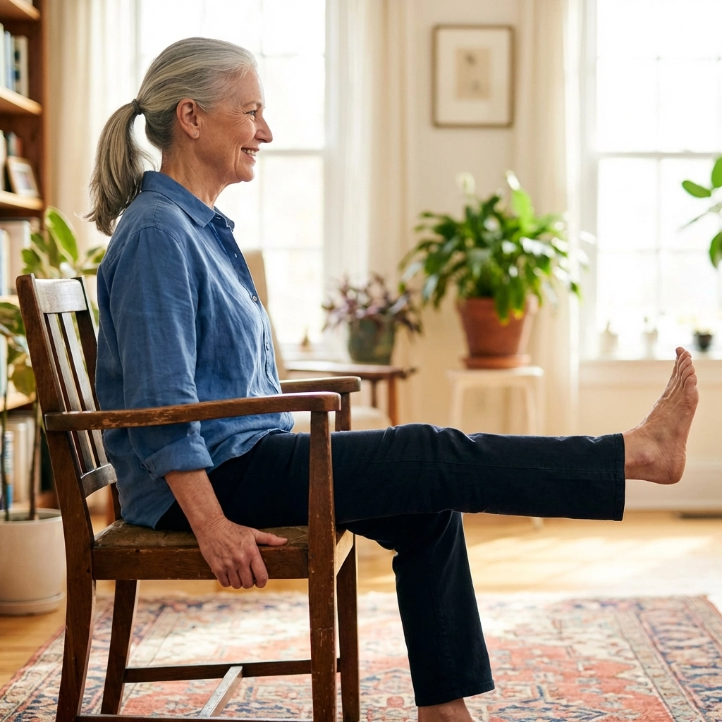 Senior woman performing seated leg lift exercise in chair to build fall recovery strength