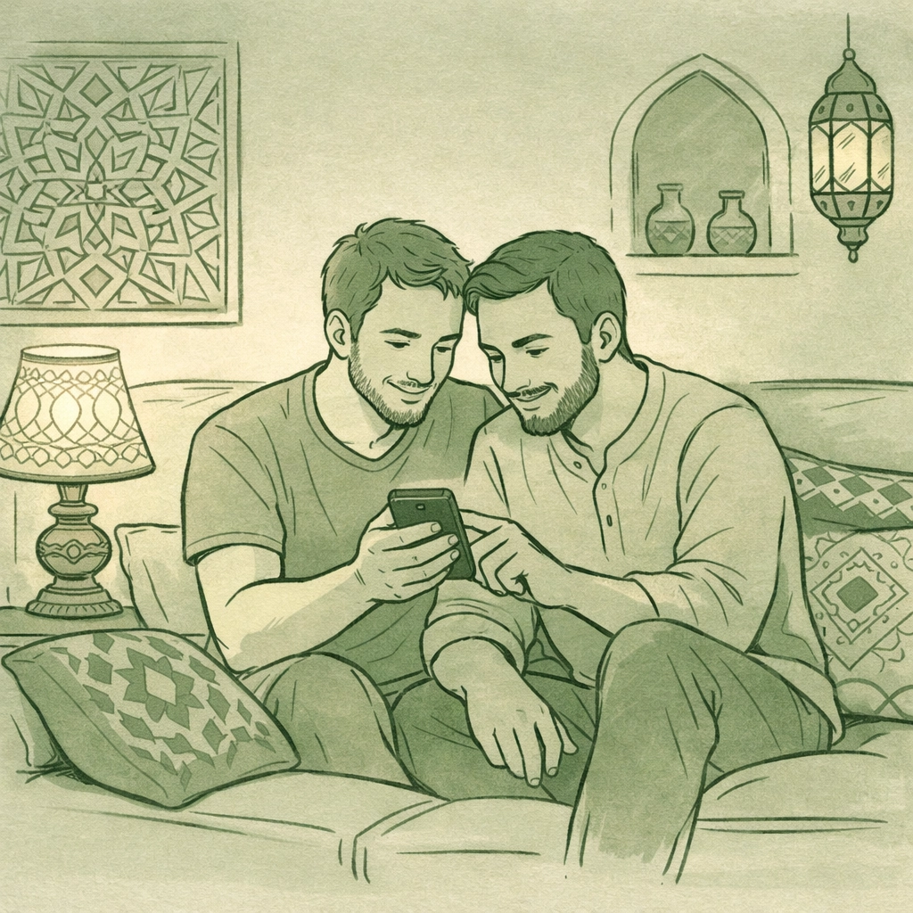 Gay couple in private Middle Eastern apartment using phone to connect with digital community