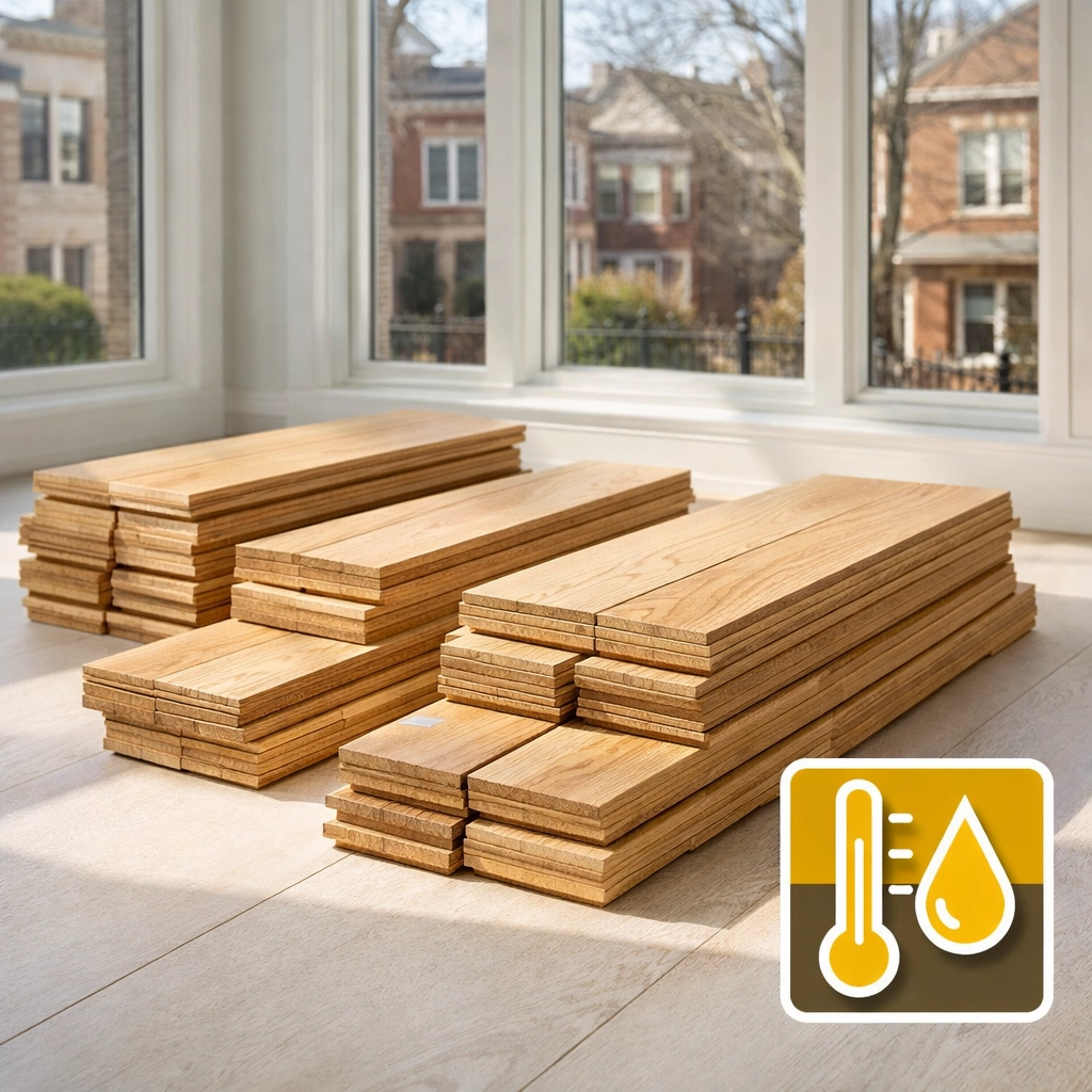 Hardwood flooring planks acclimating to temperature and moisture in a Chicago home before installation.