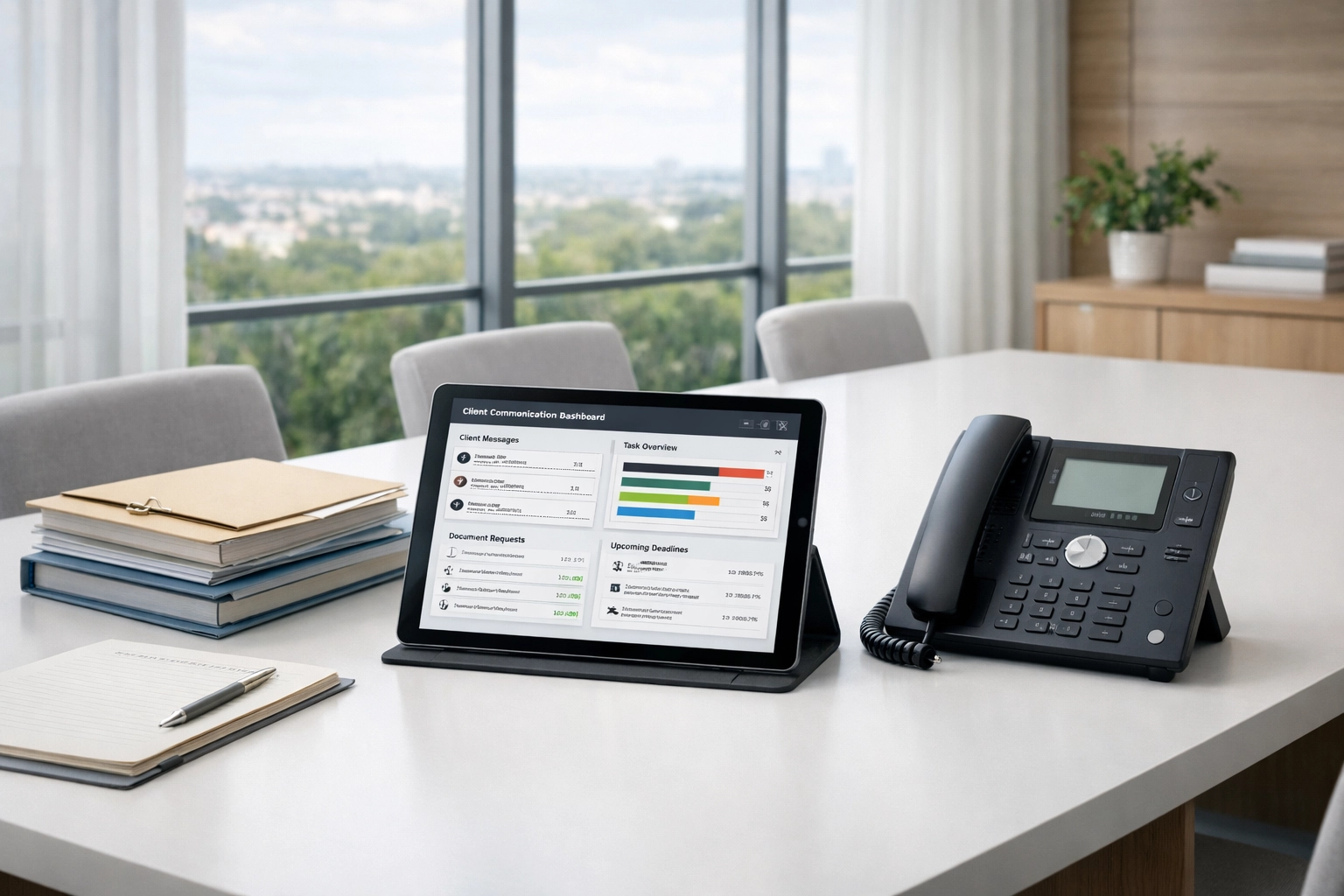 Professional tax office conference room with client communication and audit support tools