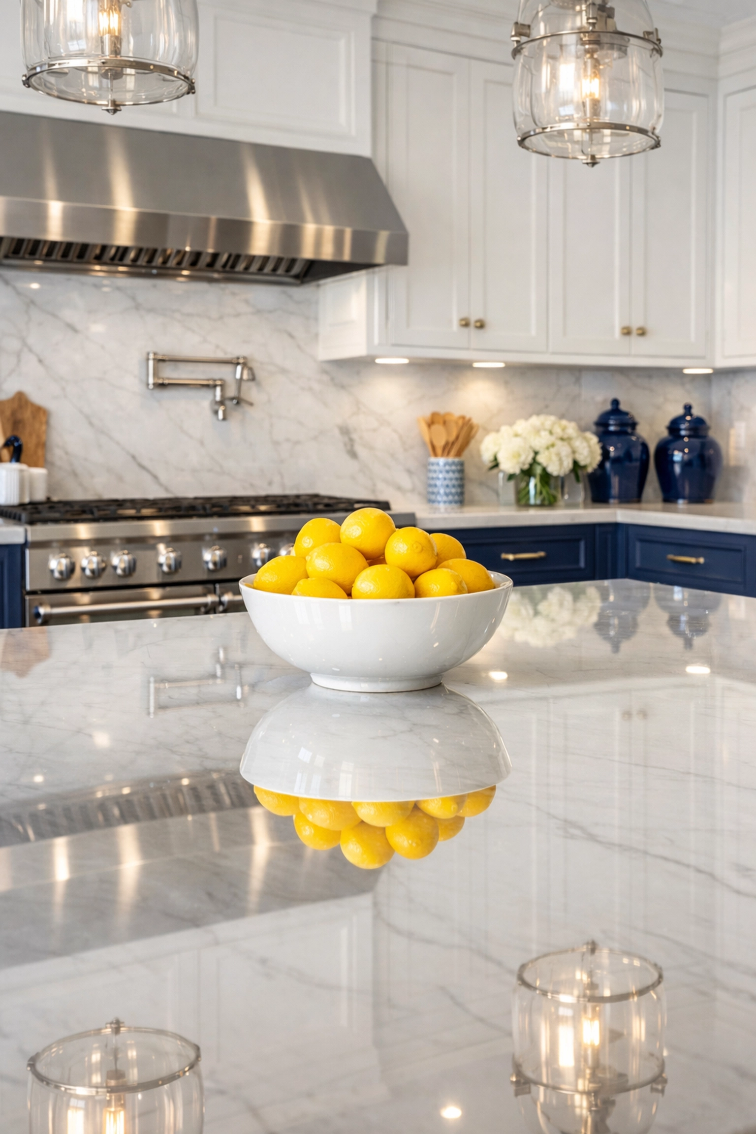 Spotless kitchen with white marble countertops and clean appliances after professional cleaning in Whately.