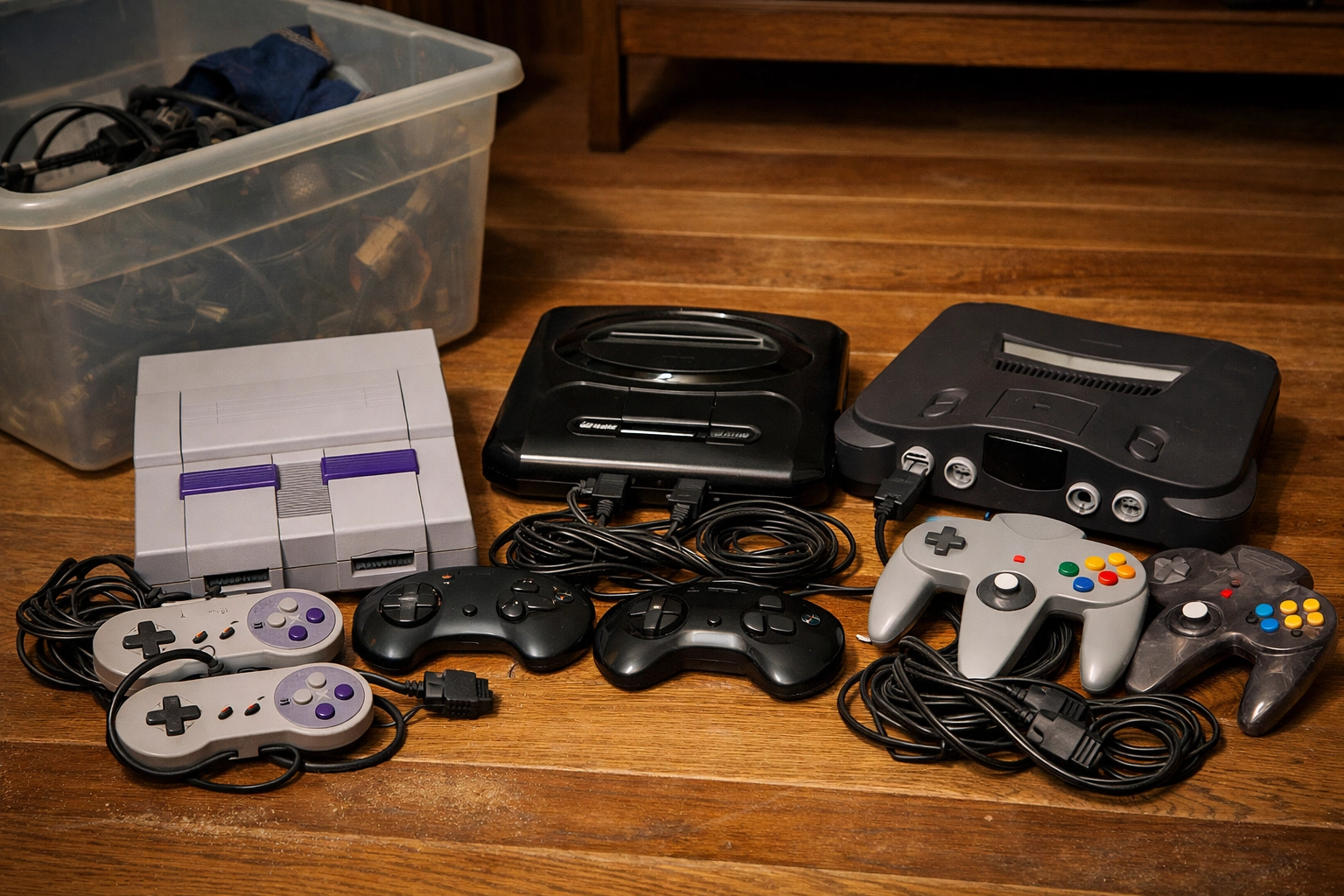 Pristine 90s video game collection featuring Nintendo 64, Super Nintendo, and Sega Genesis games