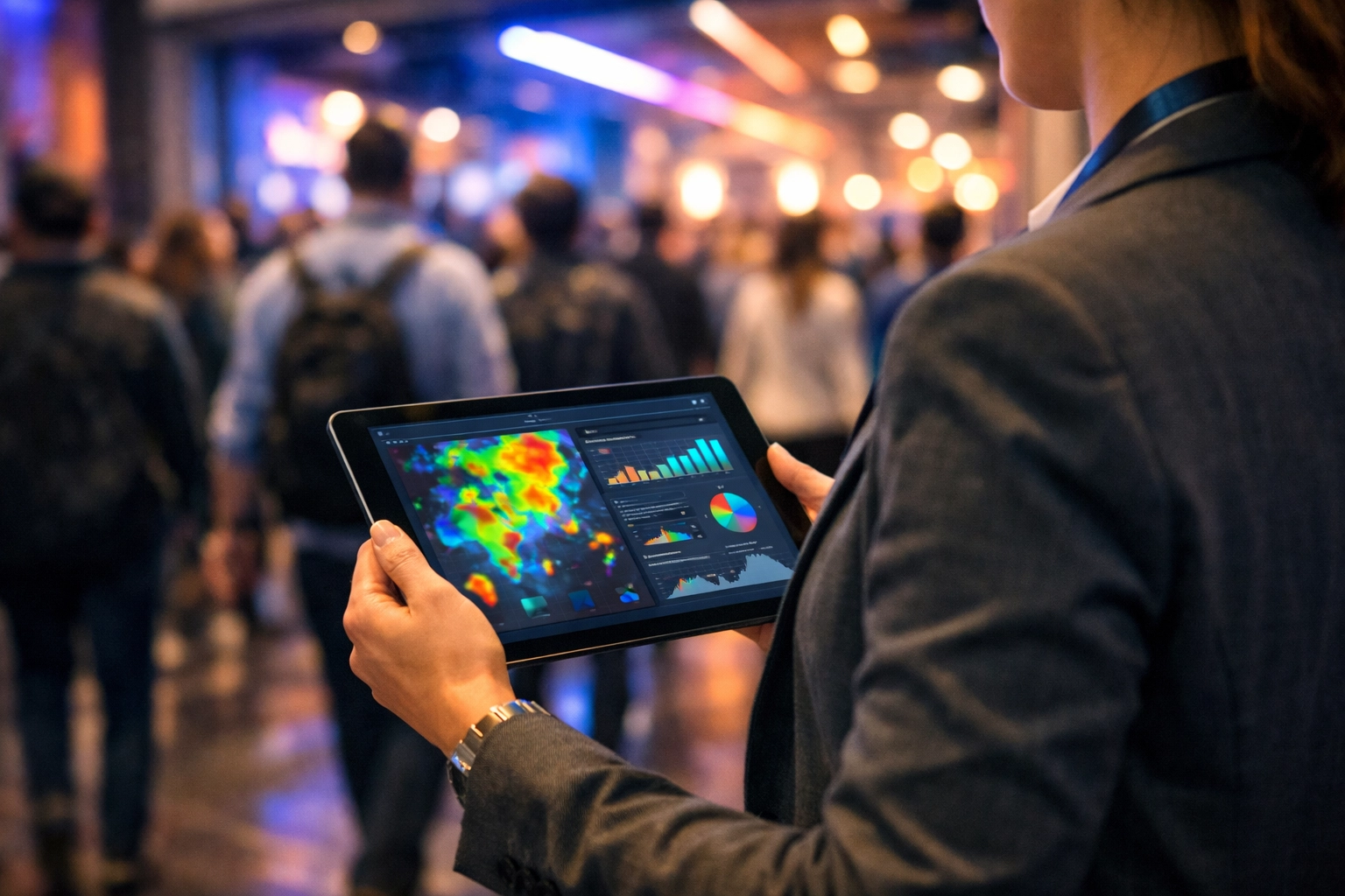 Marketing professional using digital audience analytics to track real-time engagement in a busy venue.