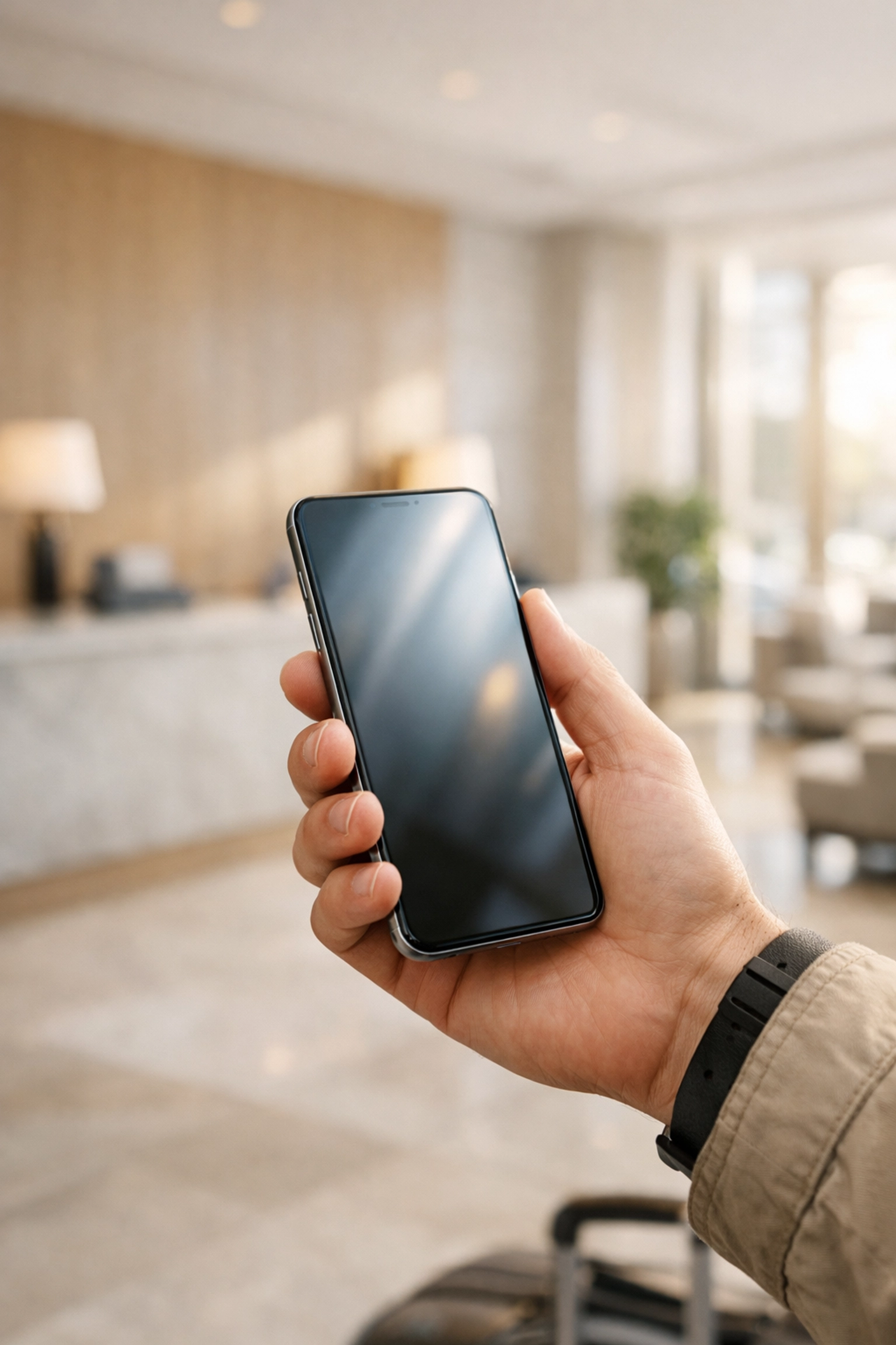 A traveler uses a mobile phone for seamless direct hotel booking in a modern minimalist lobby.