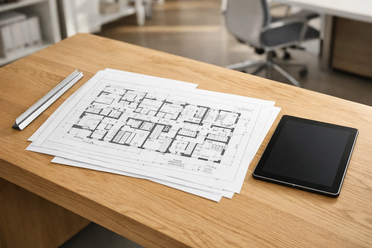Architectural floor plans for an HMO conversion on a professional architect's desk in London.