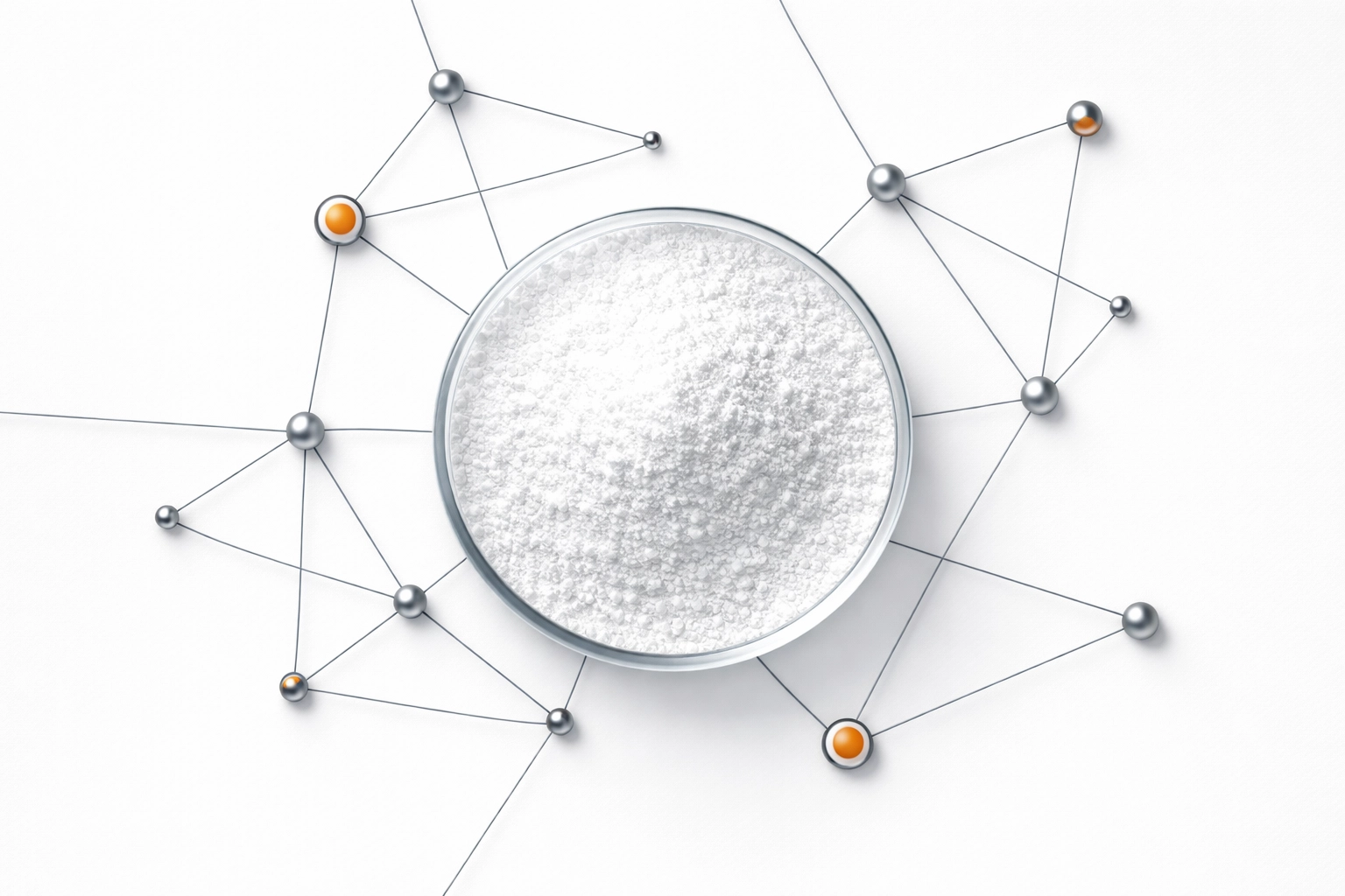 Laboratory view of a powdered ingredient surrounded by supply chain node shapes, symbolizing resilient sourcing.
