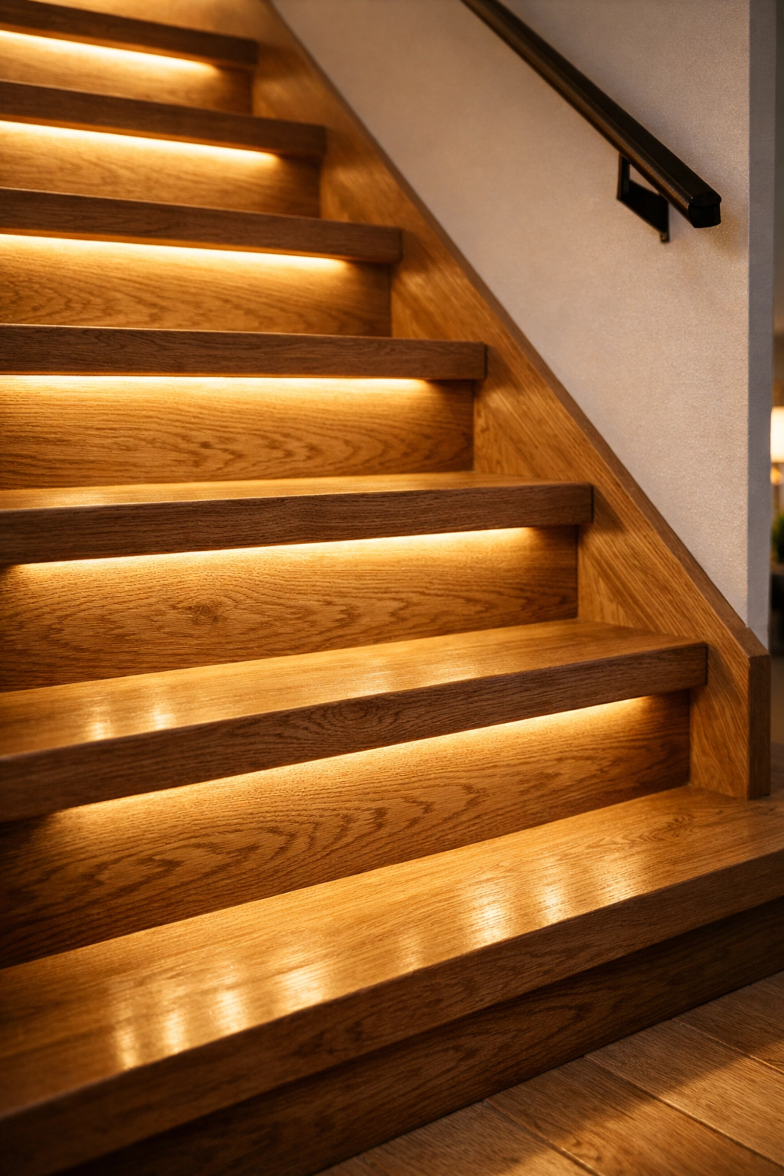 Modern wooden stairs with warm LED strip lighting under the steps to improve visibility and safety at night.
