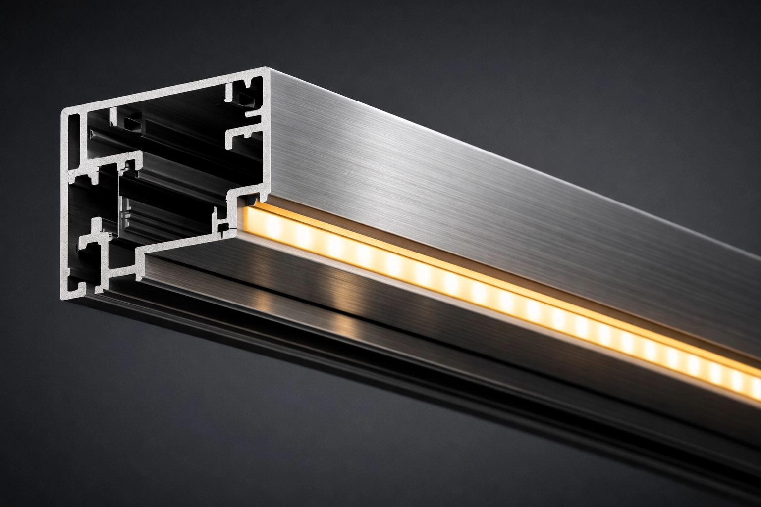 Querschnitt eines Aluminiumprofils für Terrassenüberdachungen mit integrierter LED-Beleuchtung.