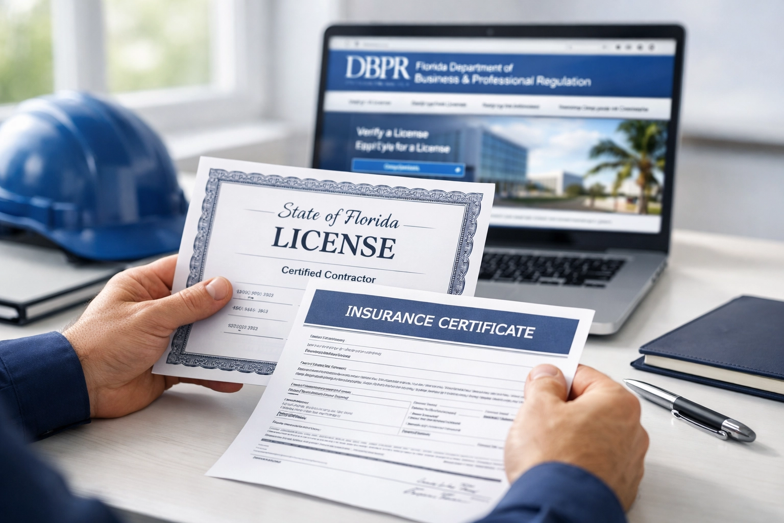 Florida contractor license and insurance verification documents on desk for Orlando home renovation