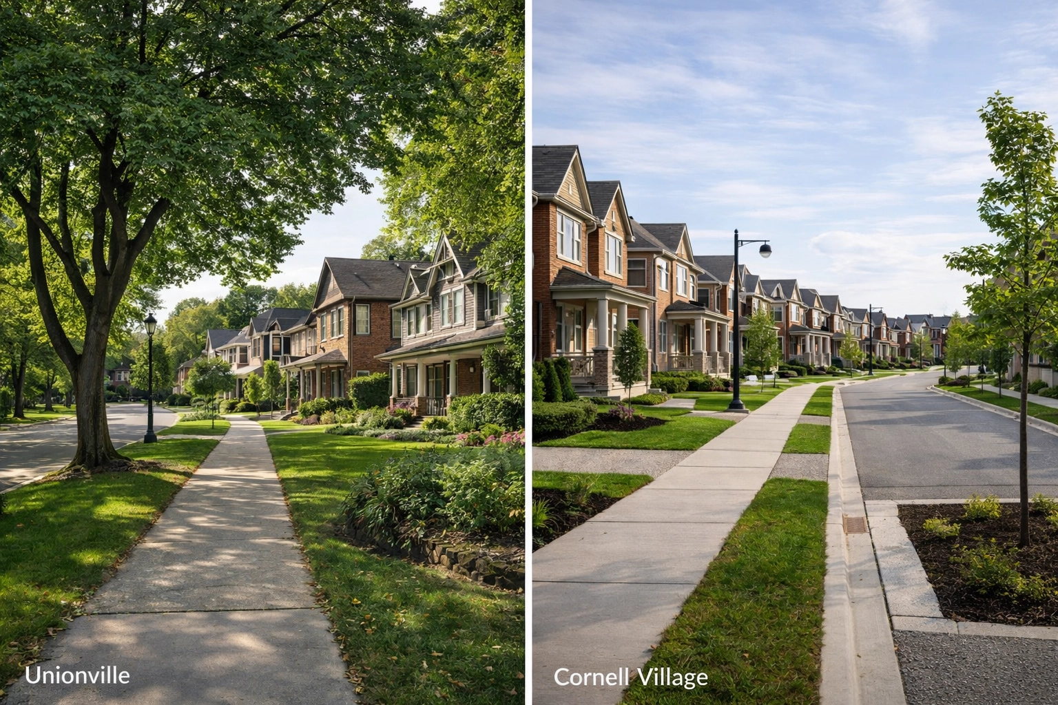 Comparative Markham neighbourhood streetscape showing heritage-style homes and newer planned community design.