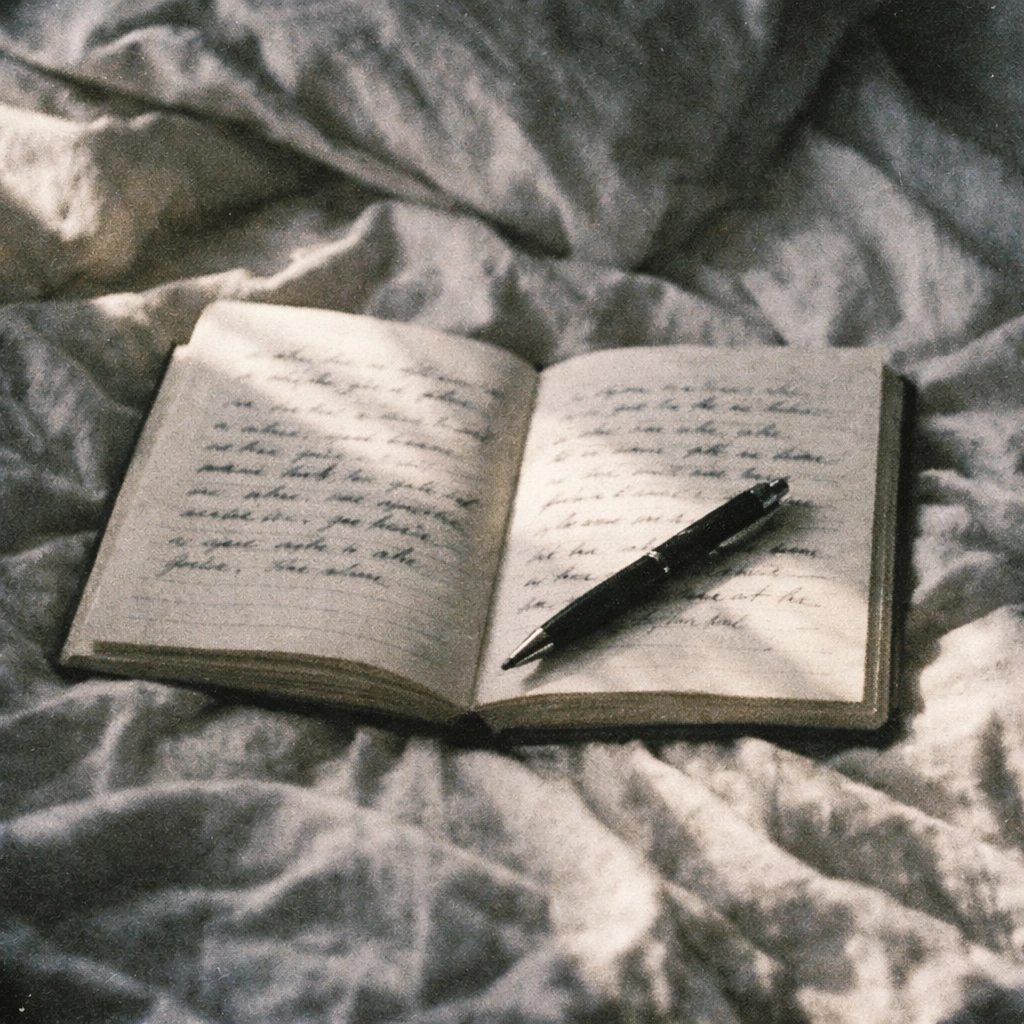 Open journal on bedsheets representing transgender coming out thoughts and feelings