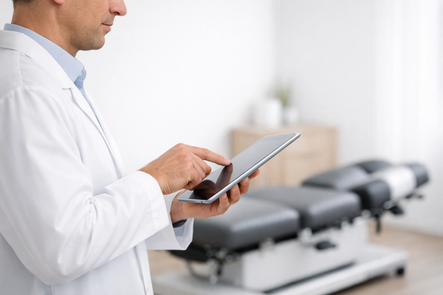 Chiropractor using a tablet in a modern office to manage digital marketing and local SEO.