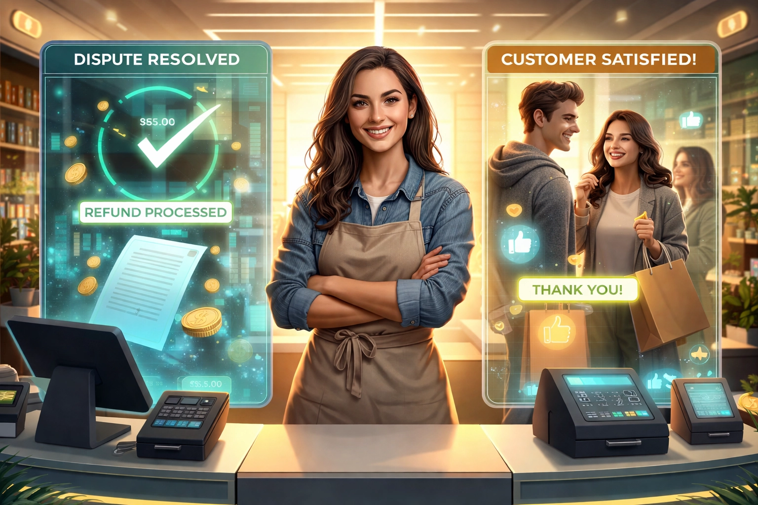 Small business owner at a crypto-friendly point-of-sale, showcasing fast refunds and positive customer experiences.