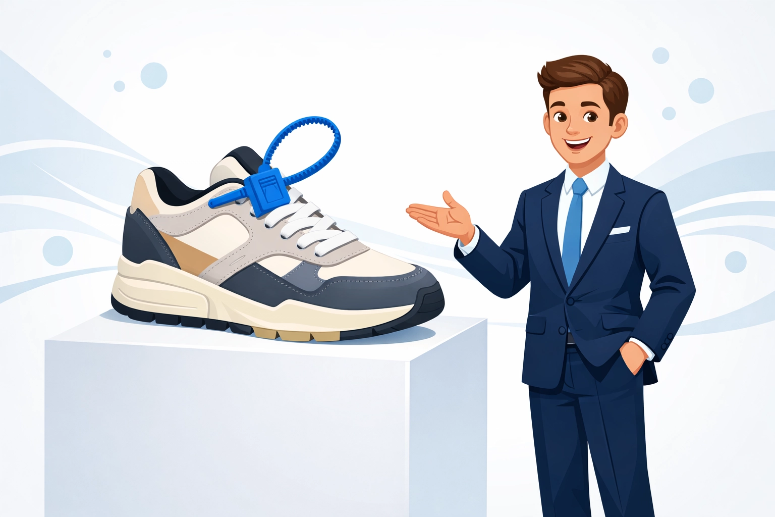 Verified sneaker featuring a bright blue security zip tie to prevent fraud and build trust.