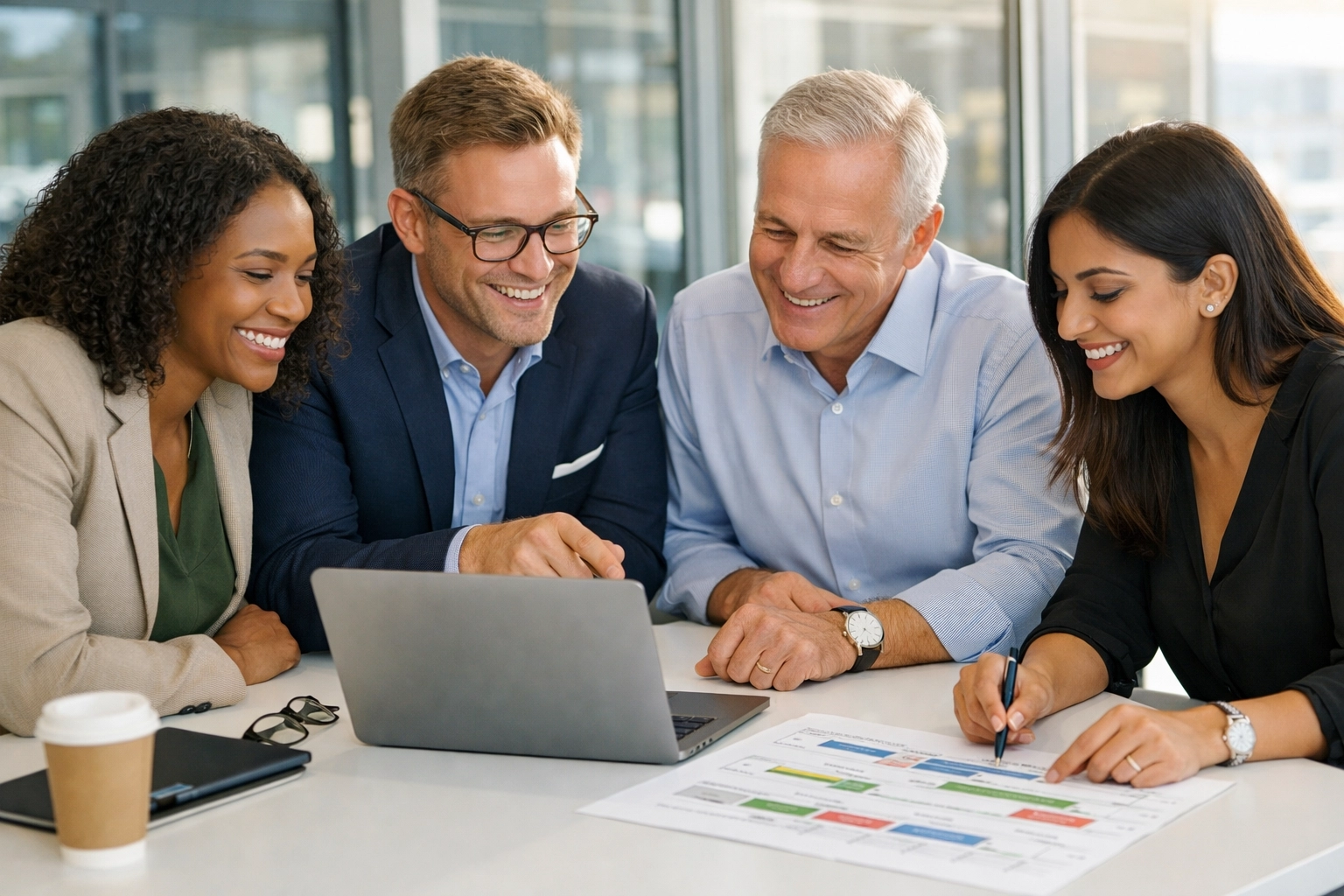 Strategic ServiceNow consulting services team discussing a roadmap in a modern glass-walled conference room.