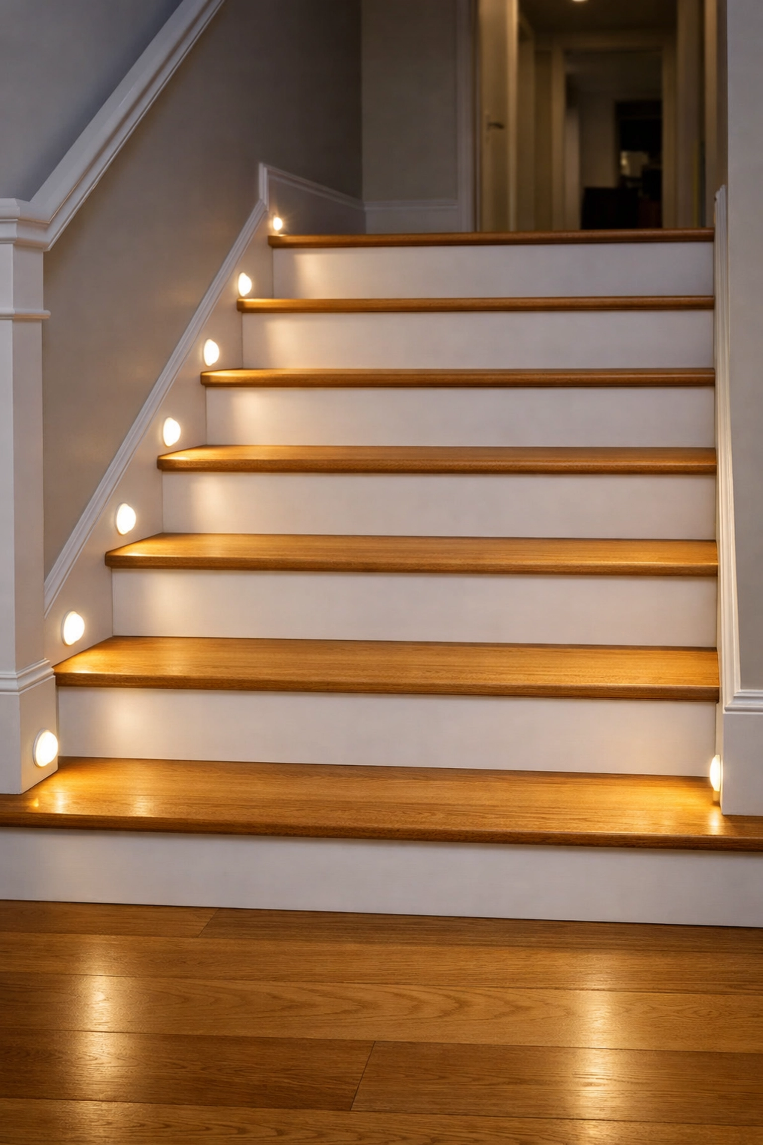 Motion-sensor LED lights installed along staircase baseboards to illuminate steps at night.