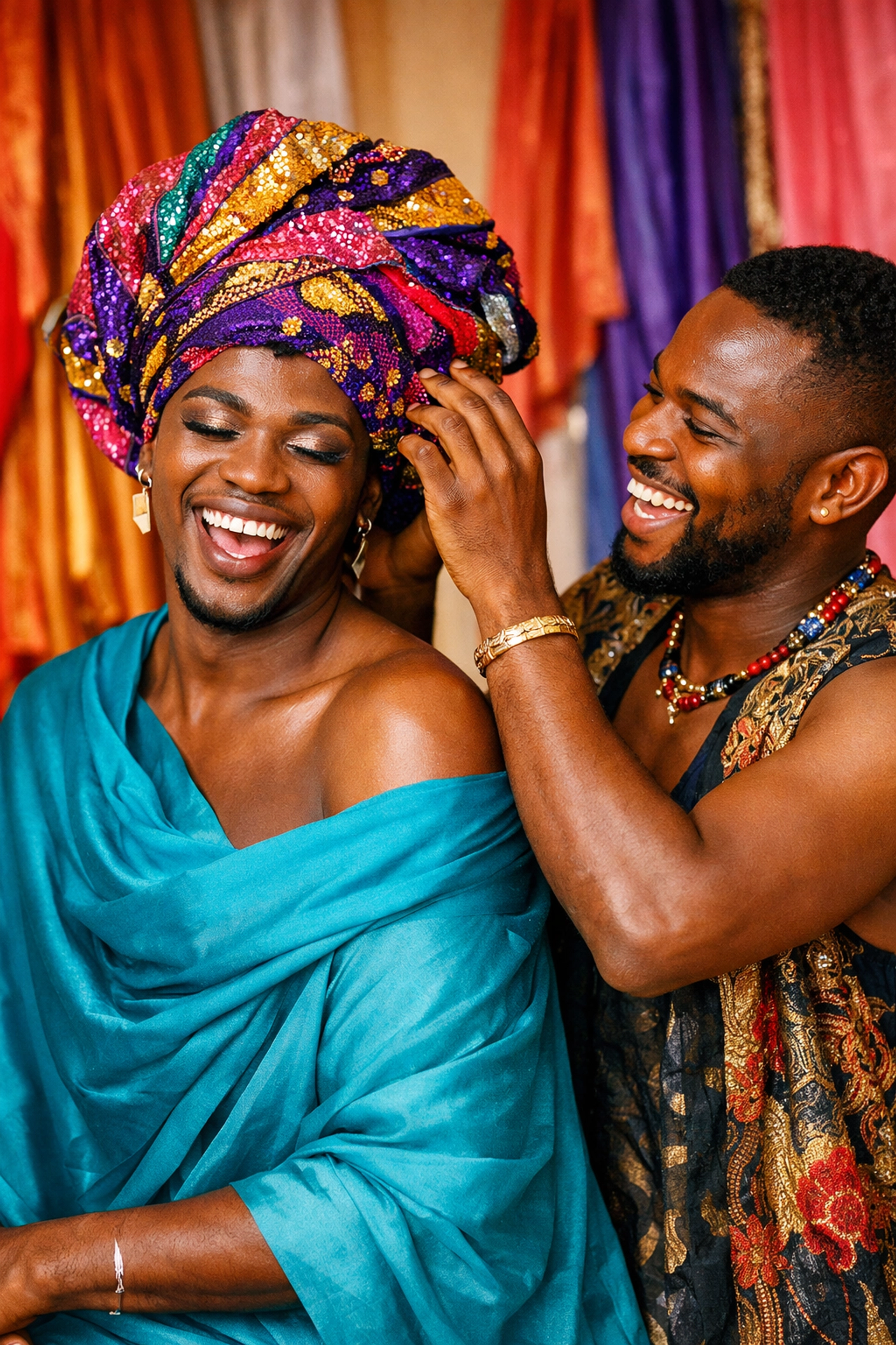 Two gay men in Nigeria styling colorful fabrics, showcasing the resilient 'Yan Daudu found family community.