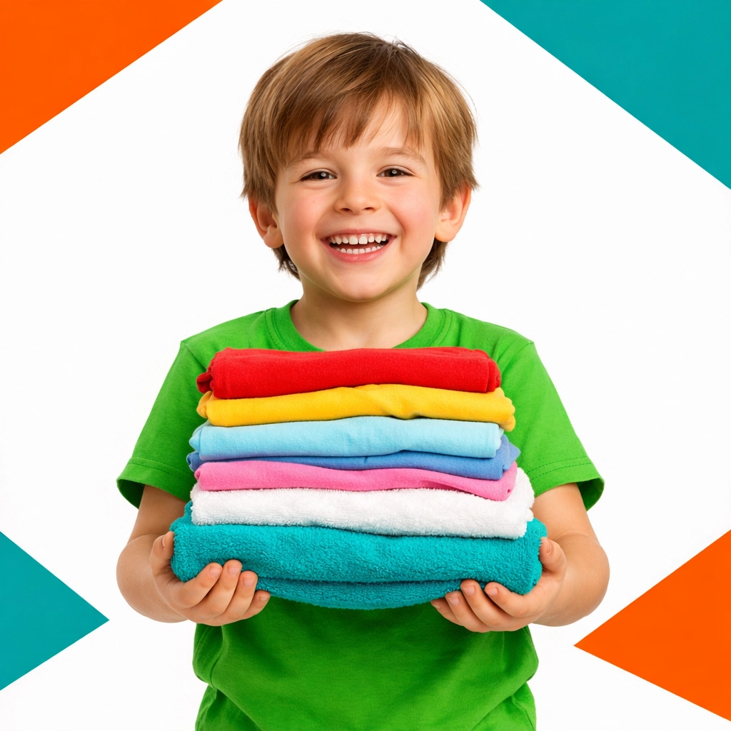 Smiling child holding folded laundry, showcasing household management and the dignity of work.