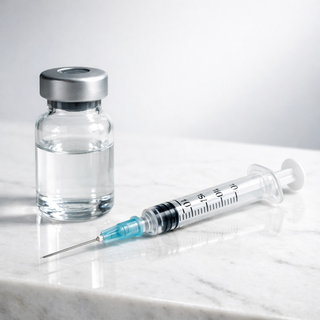 Clinical medical vial and syringe for personalized weight loss medication and compounded semaglutide.