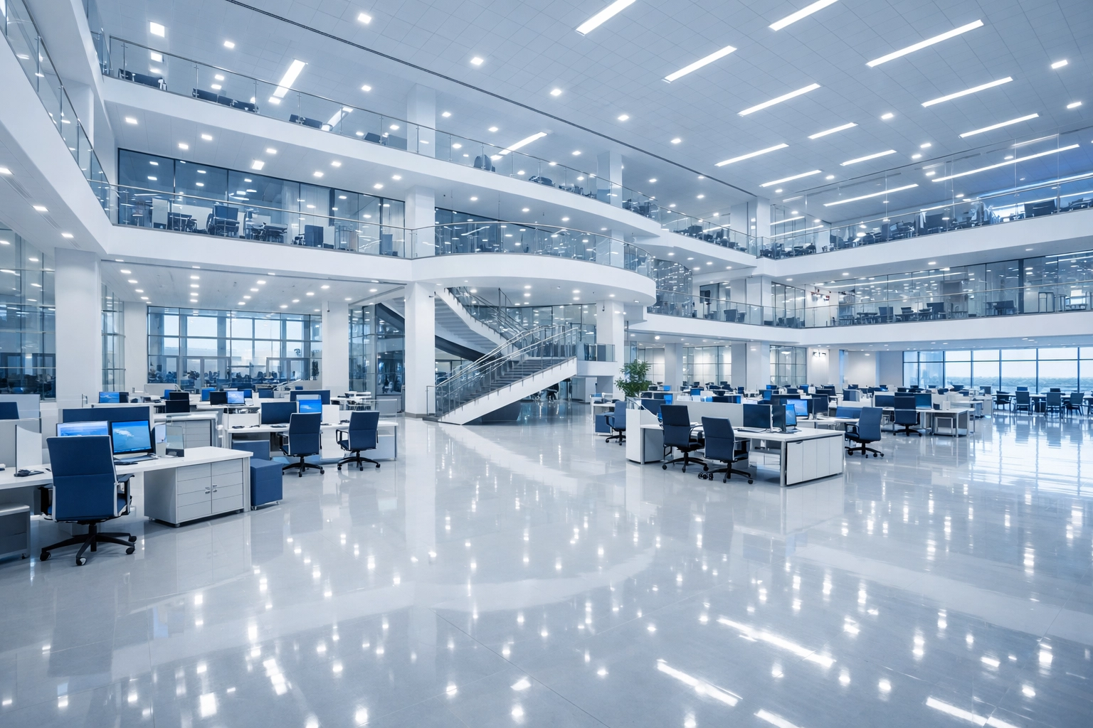 Clean and modern open-plan corporate office along the M8 corridor with polished reflective floors.